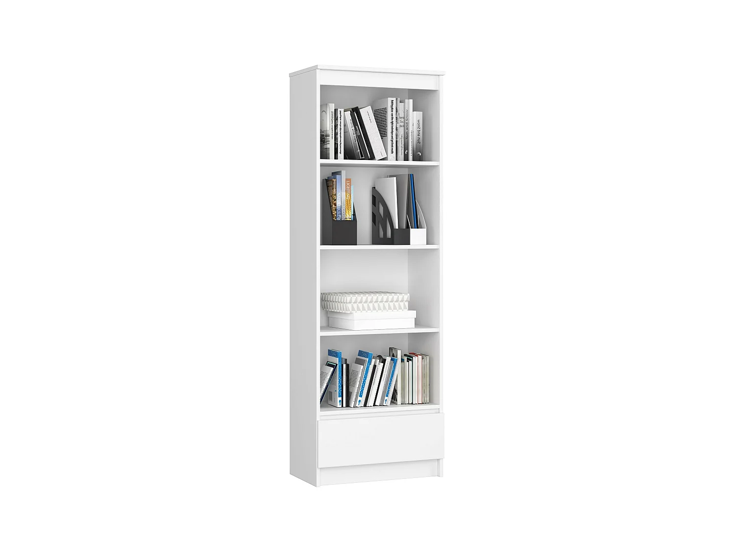 Librería AKORD R60 Blanco 60 cm fachada Blanco 1 cajón frente en color Blanco 4 estantes 60x35x180 cm