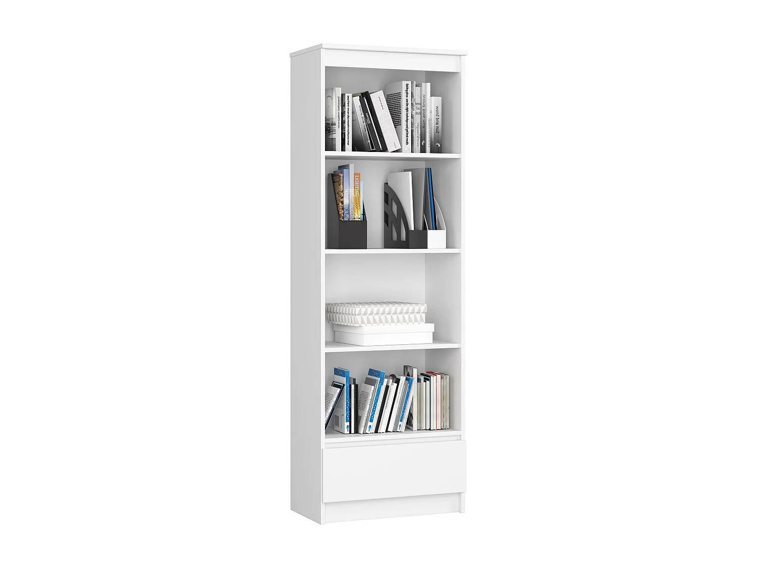 Librería AKORD R60 Blanco 60 cm fachada Blanco 1 cajón frente en color Blanco 4 estantes 60x35x180 cm