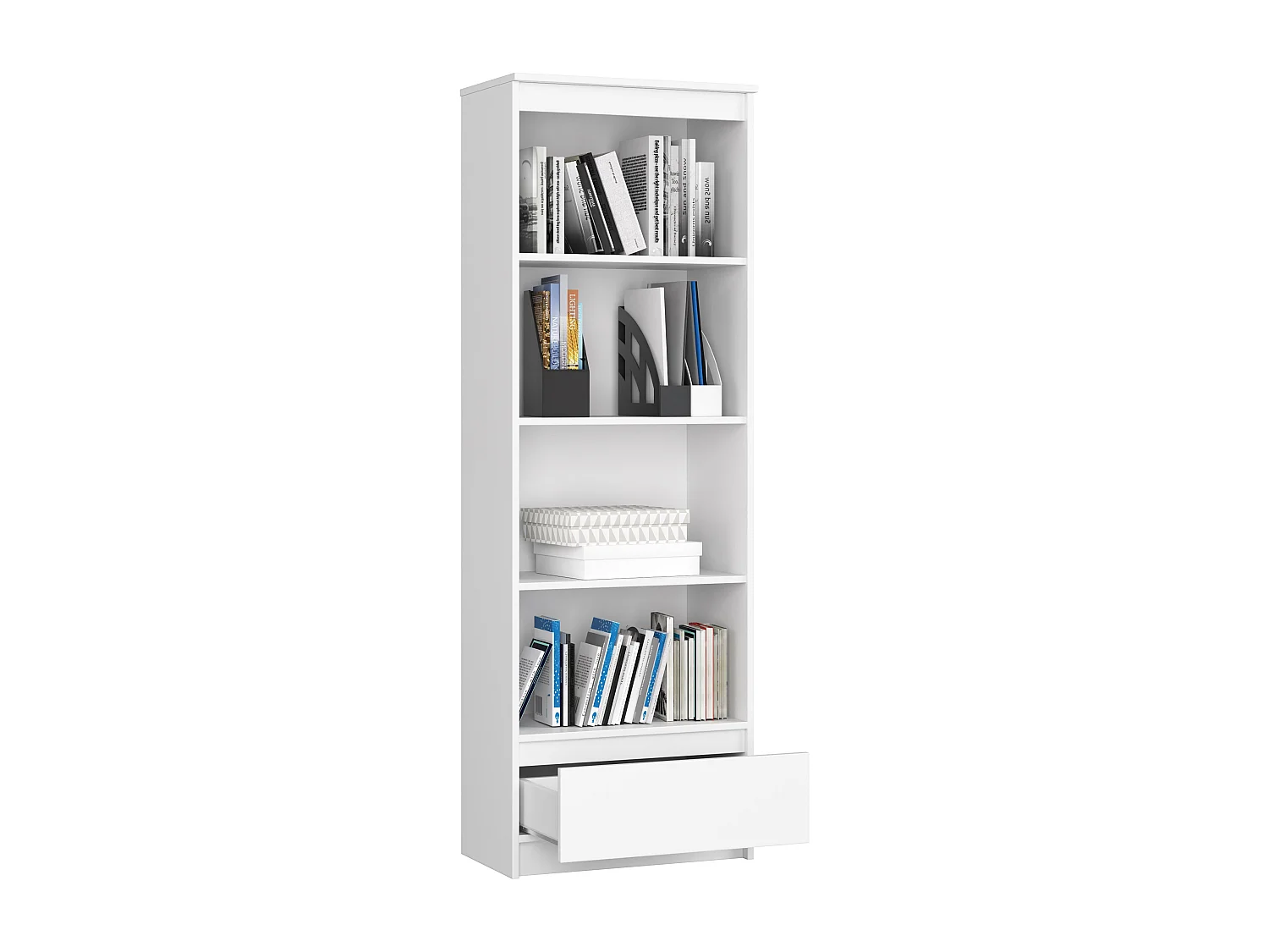 Librería AKORD R60 Blanco 60 cm fachada Blanco 1 cajón frente en color Blanco 4 estantes 60x35x180 cm