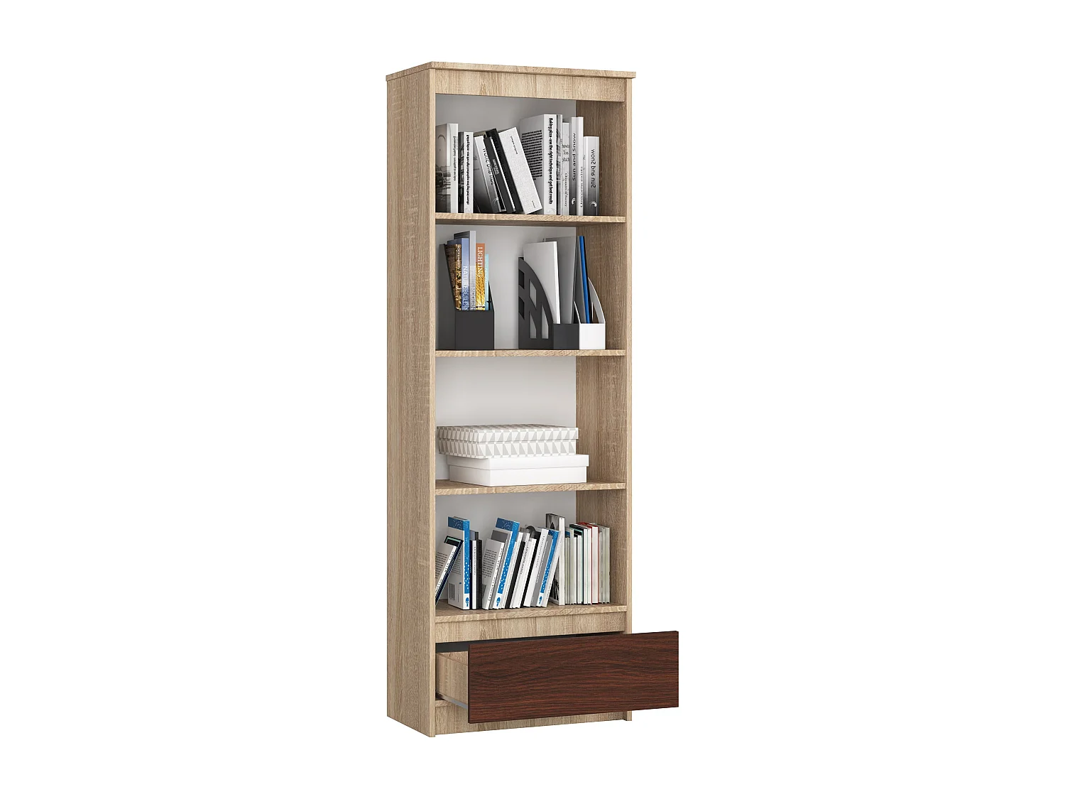 Bibliothèque de bureau AKORD R60 Chêne Sonoma 60 cm 1 tiroir façade Wengé 4 étagères 60x35x180 cm