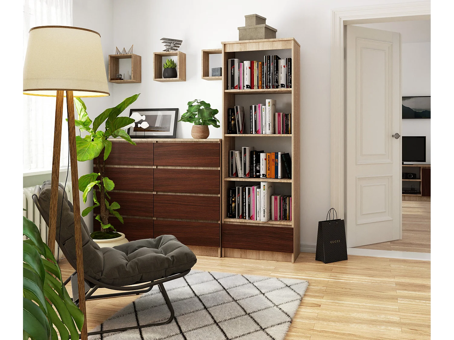 Bibliothèque de bureau AKORD R60 Chêne Sonoma 60 cm 1 tiroir façade Wengé 4 étagères 60x35x180 cm