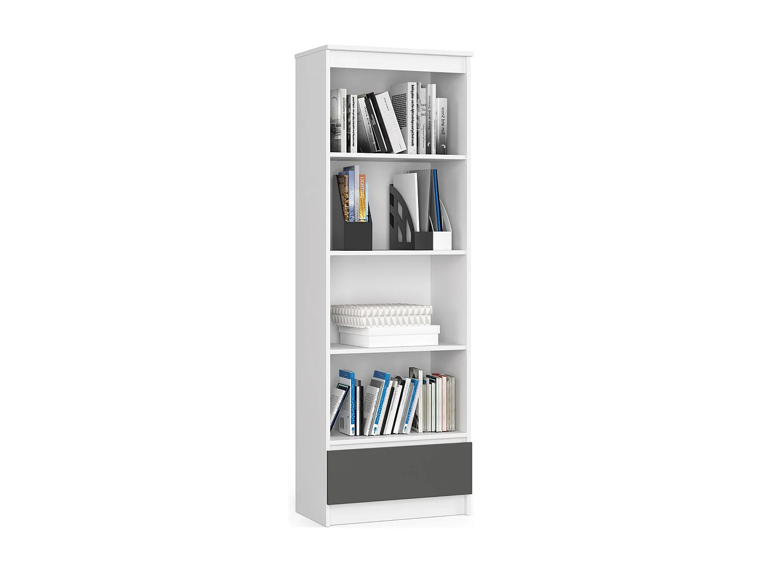 Librería AKORD R60 Blanco 60 cm 1 cajón frente en color Grafito Gris 4 estantes 60x35x180 cm