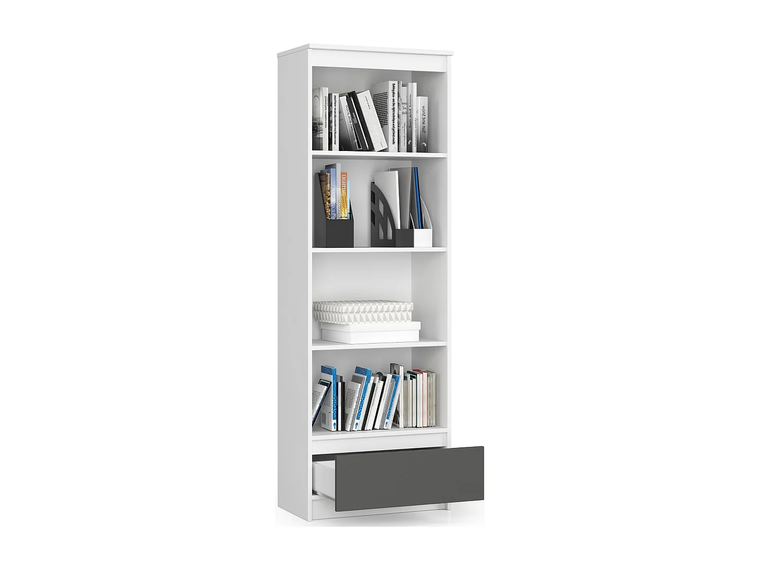 Librería AKORD R60 Blanco 60 cm 1 cajón frente en color Grafito Gris 4 estantes 60x35x180 cm