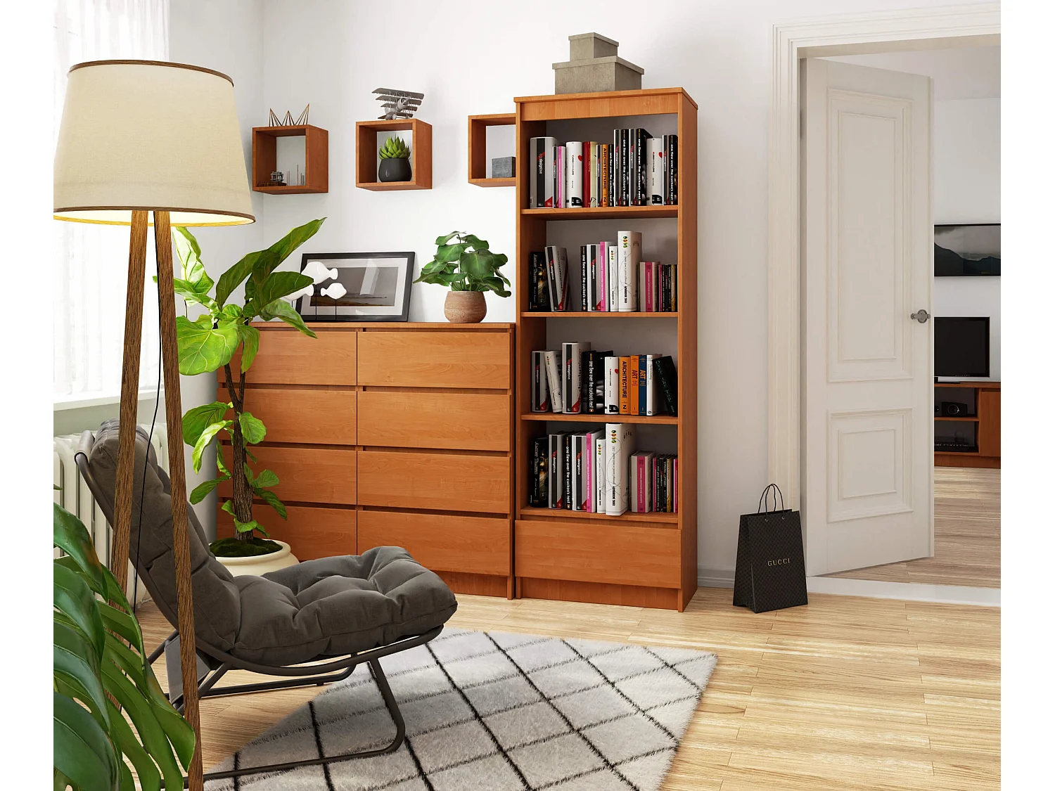 Bibliothèque de bureau AKORD R60 Aulne 60 cm 1 tiroir façade Aulne mat 4 étagères 60x35x180 cm