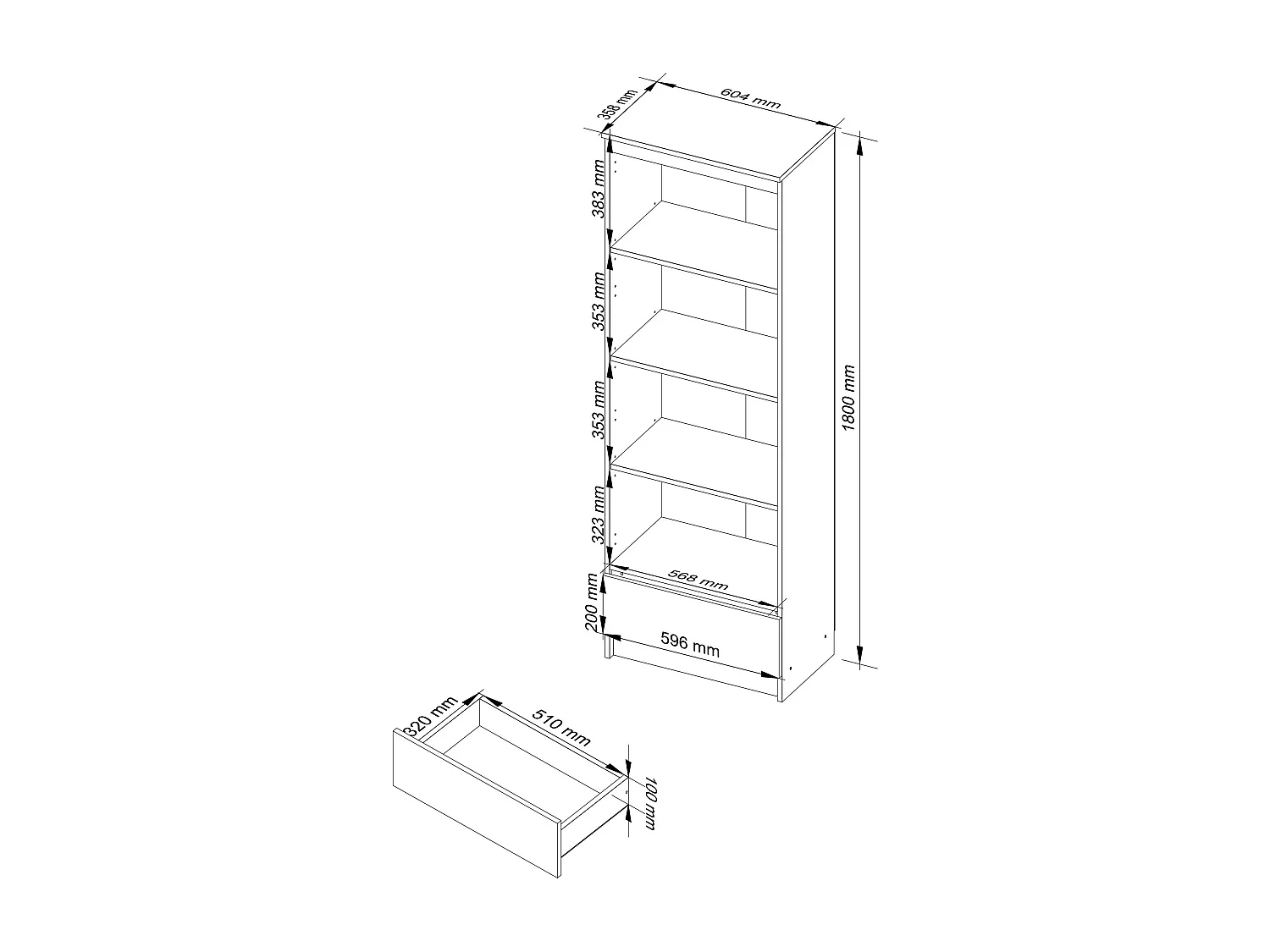 Bibliothèque de bureau AKORD R60 Blanche 60 cm 1 tiroir façade Chêne Sonoma mat 4 étagères 60x35x180 cm