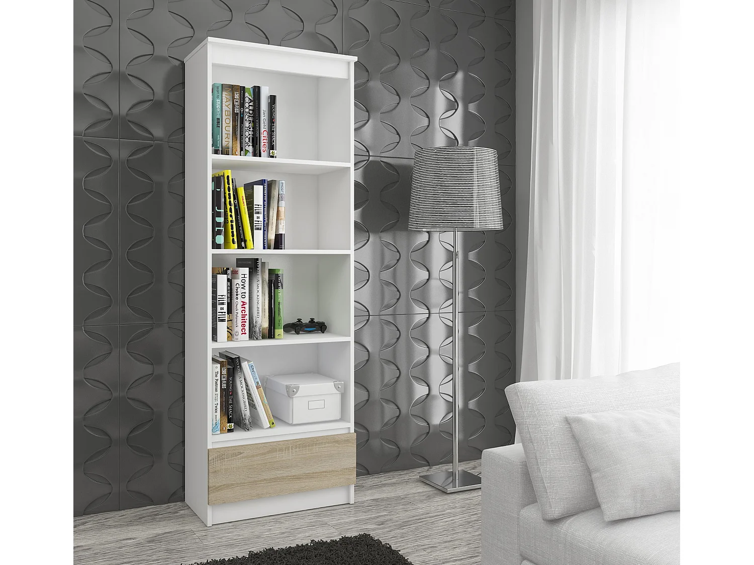 Bibliothèque de bureau AKORD R60 Blanche 60 cm 1 tiroir façade Chêne Sonoma mat 4 étagères 60x35x180 cm