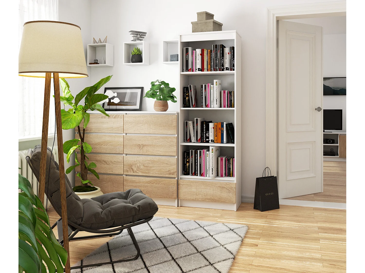 Bibliothèque de bureau AKORD R60 Blanche 60 cm 1 tiroir façade Chêne Sonoma mat 4 étagères 60x35x180 cm