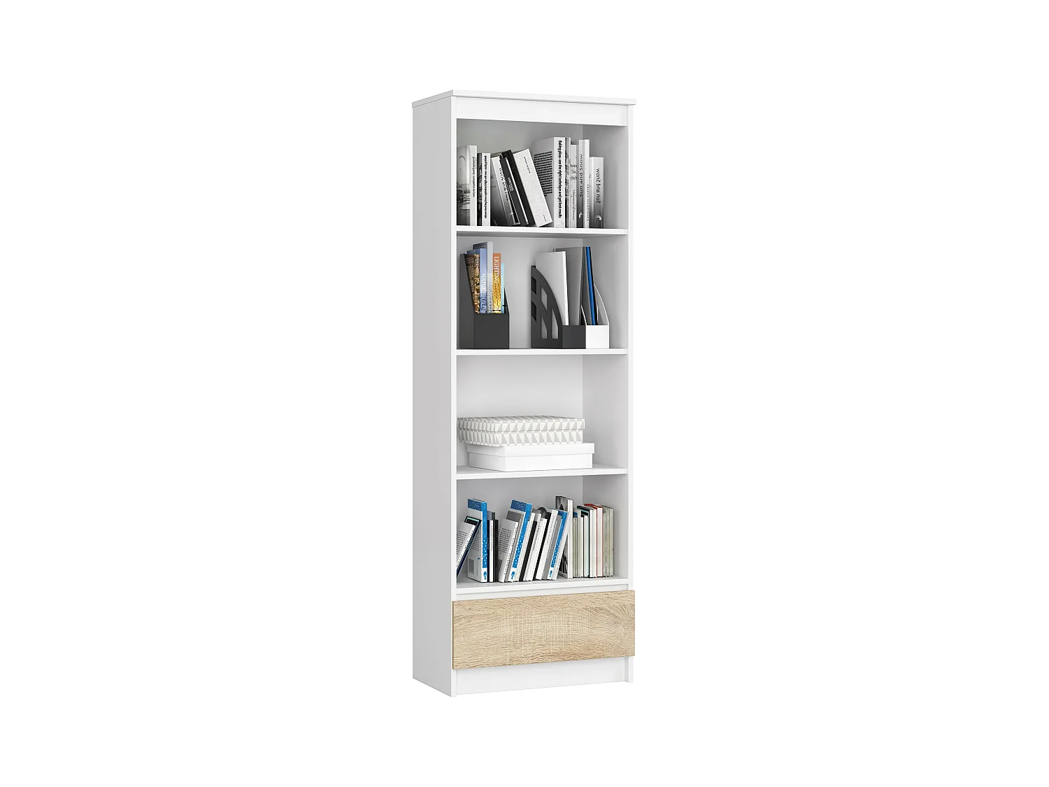 Büroregal AKORD R60 Büro-Bücherregal Weiß 60 cm Schublade 4 Ebenen Front Sonoma-Eiche B60 x H180 x T35 cm