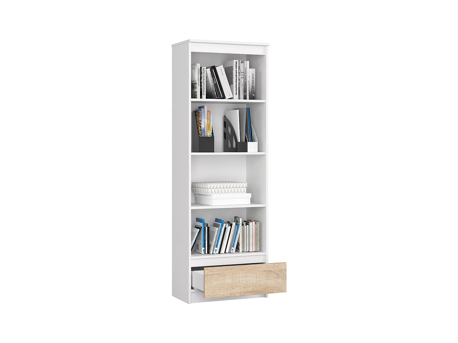 Büroregal AKORD R60 Büro-Bücherregal Weiß 60 cm Schublade 4 Ebenen Front Sonoma-Eiche B60 x H180 x T35 cm