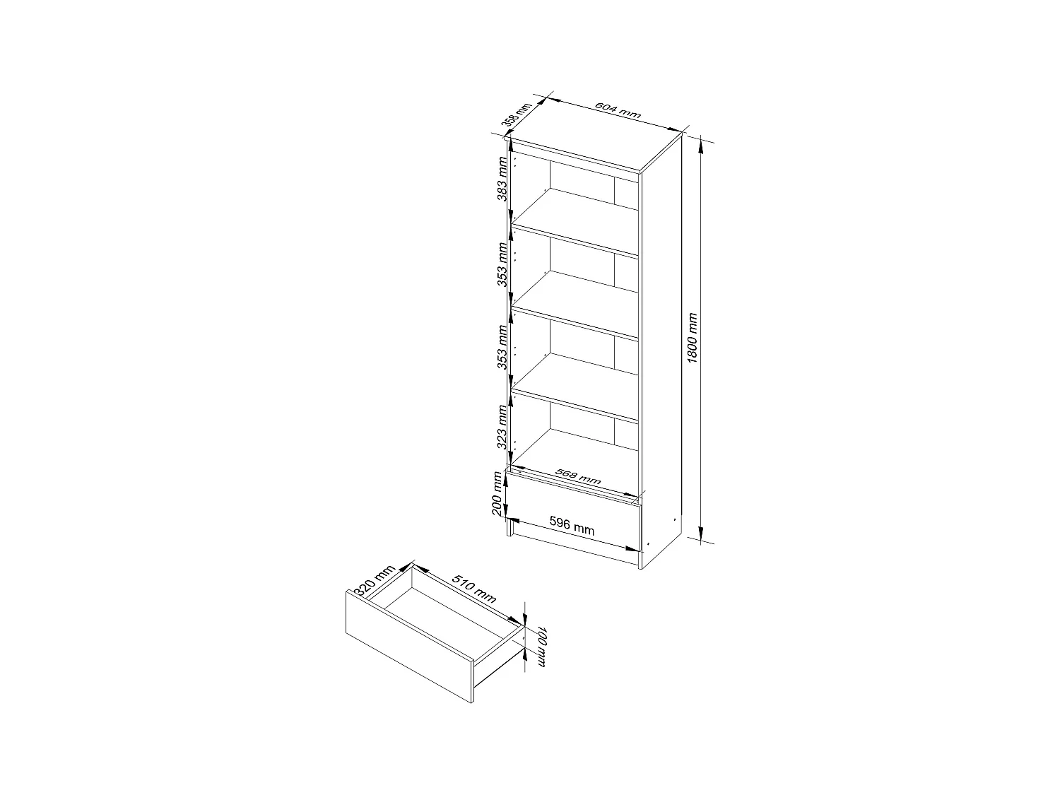 Büroregal AKORD R60 Büro-Bücherregal Weiß 60 cm Schublade 4 Ebenen Front Sonoma-Eiche B60 x H180 x T35 cm