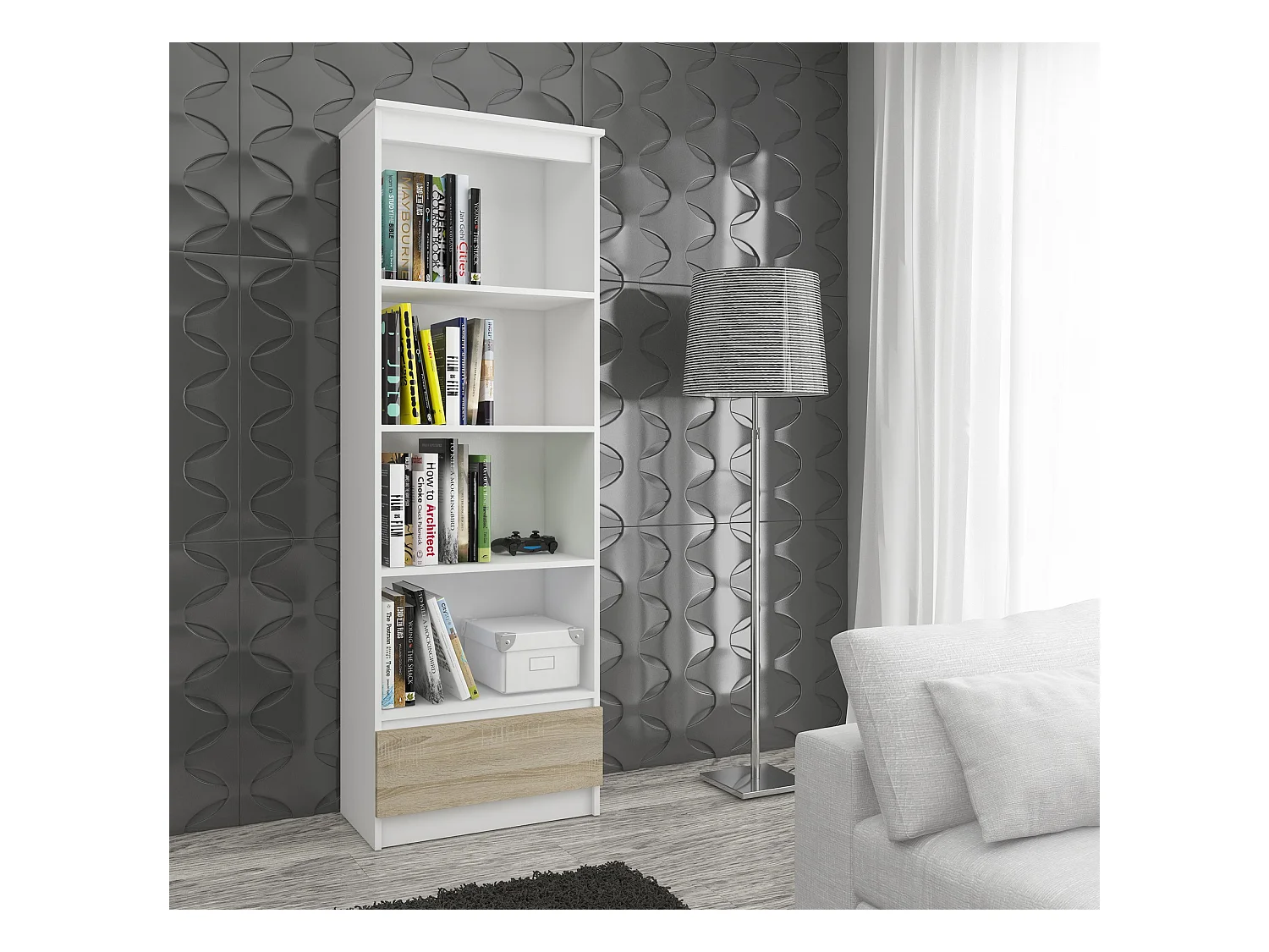 Büroregal AKORD R60 Büro-Bücherregal Weiß 60 cm Schublade 4 Ebenen Front Sonoma-Eiche B60 x H180 x T35 cm