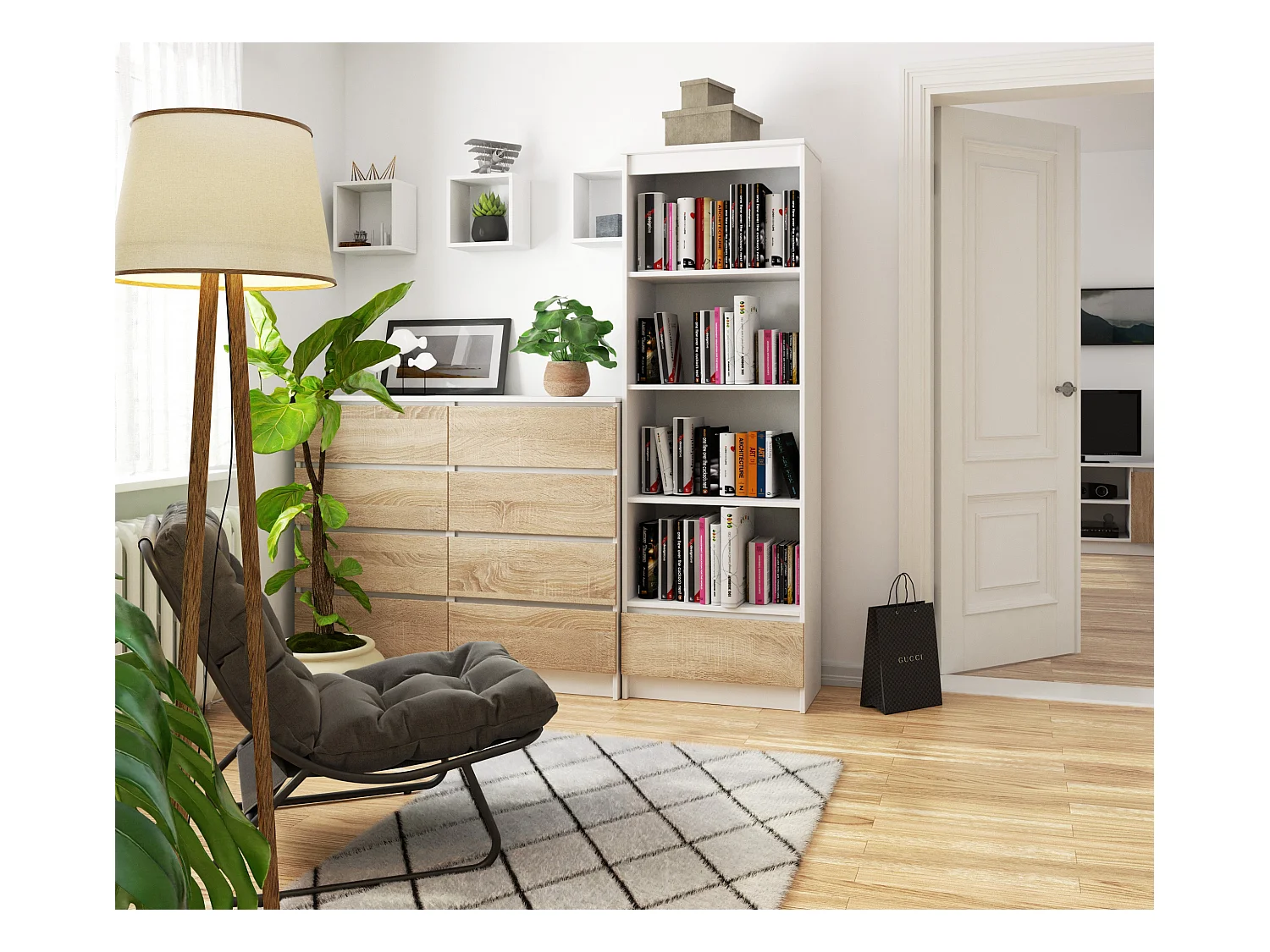 Büroregal AKORD R60 Büro-Bücherregal Weiß 60 cm Schublade 4 Ebenen Front Sonoma-Eiche B60 x H180 x T35 cm