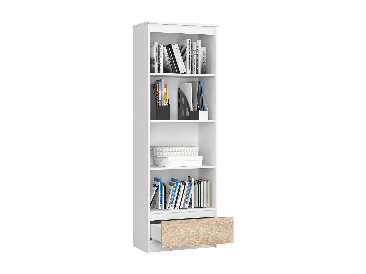 Vrijstaande Boekenkast R60 1 Lade 4 Planken - Wit & Eiken Sonoma - 60x180x35 cm - Mat Gelamineerd - Abs Randafwerking