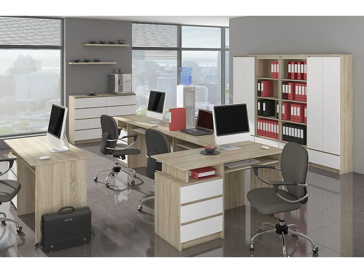 Büroregal AKORD R60 Büro-Bücherregal Sonoma-Eiche 60 cm Schublade 4 Ebenen Front Weiß B60 x H180 x T35 cm