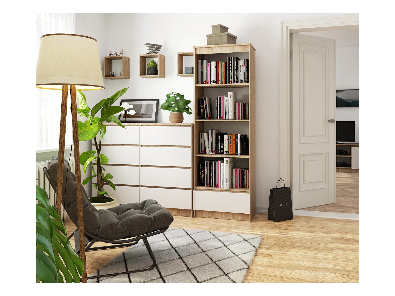 Büroregal AKORD R60 Büro-Bücherregal Sonoma-Eiche 60 cm Schublade 4 Ebenen Front Weiß B60 x H180 x T35 cm