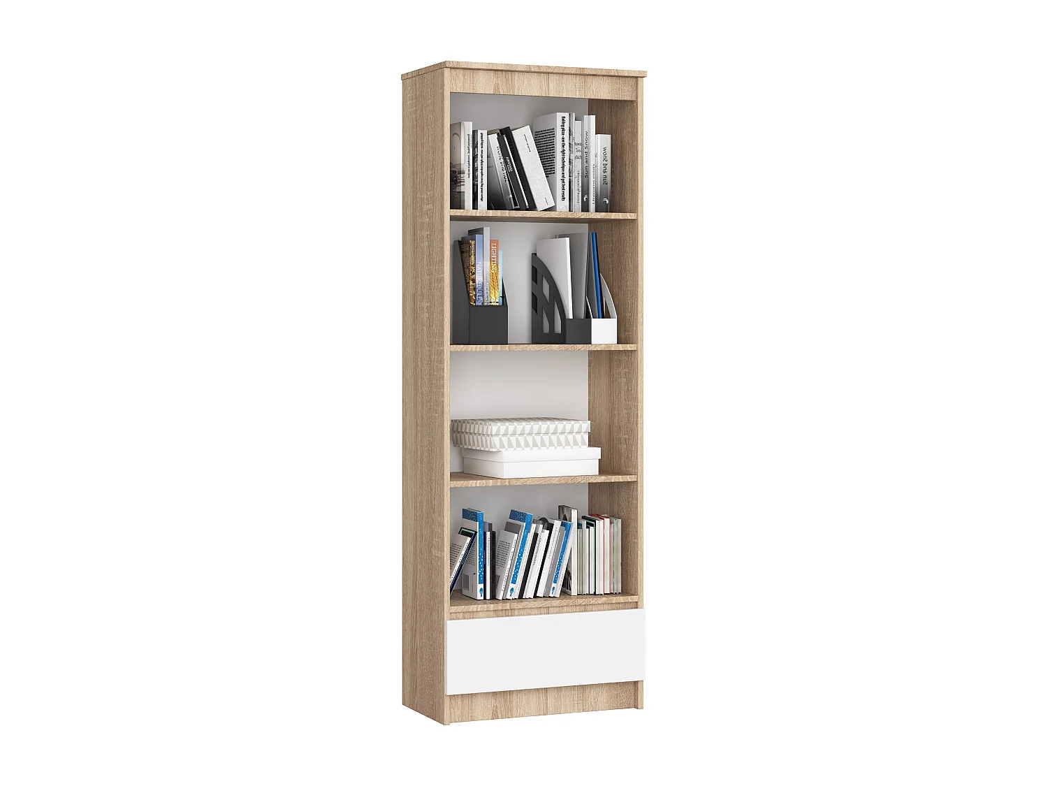 Bibliothèque de bureau AKORD R60 Chêne Sonoma 60 cm 1 tiroir façade Blanche mat 4 étagères 60x35x180 cm