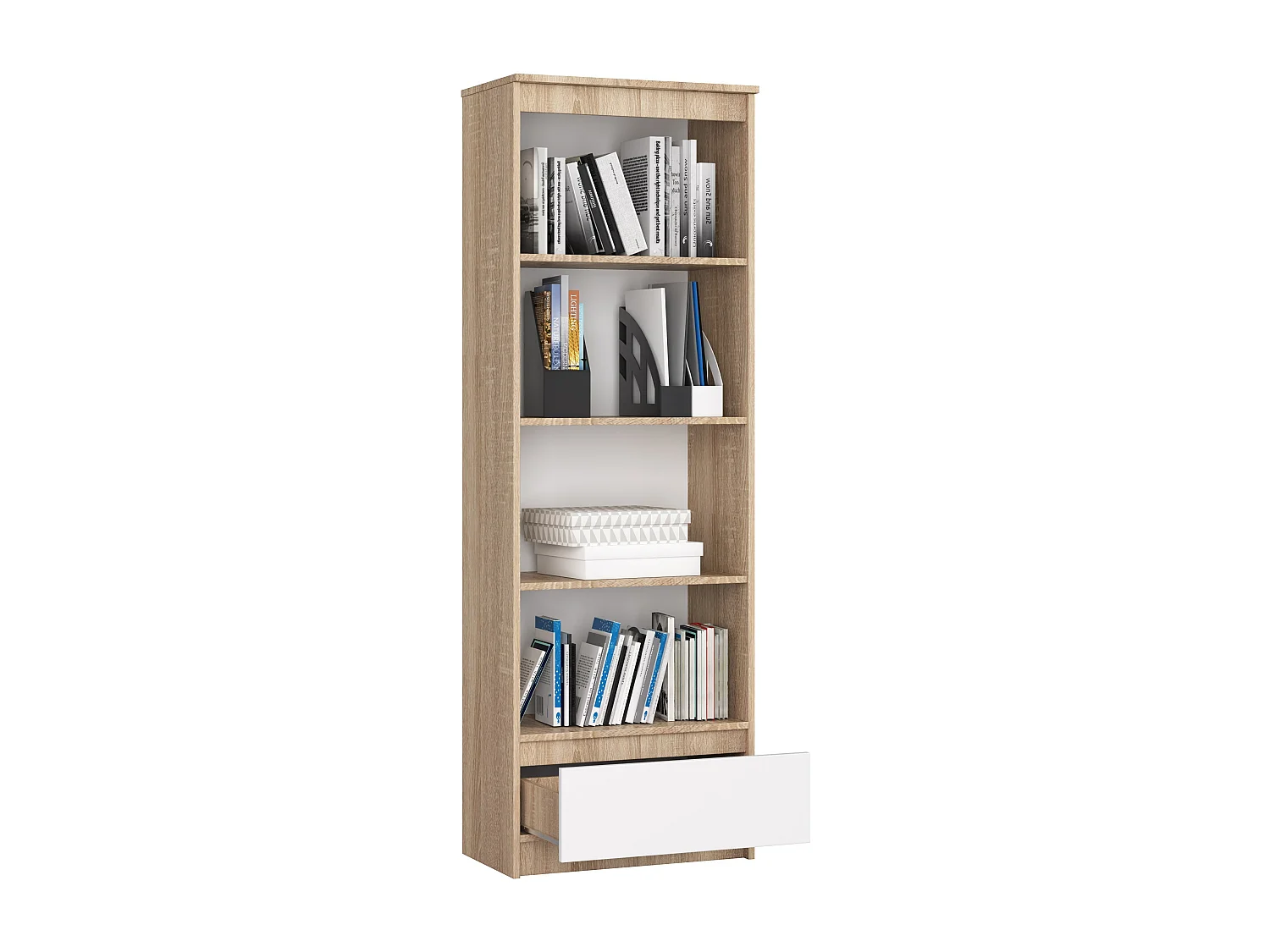 Bibliothèque de bureau AKORD R60 Chêne Sonoma 60 cm 1 tiroir façade Blanche mat 4 étagères 60x35x180 cm