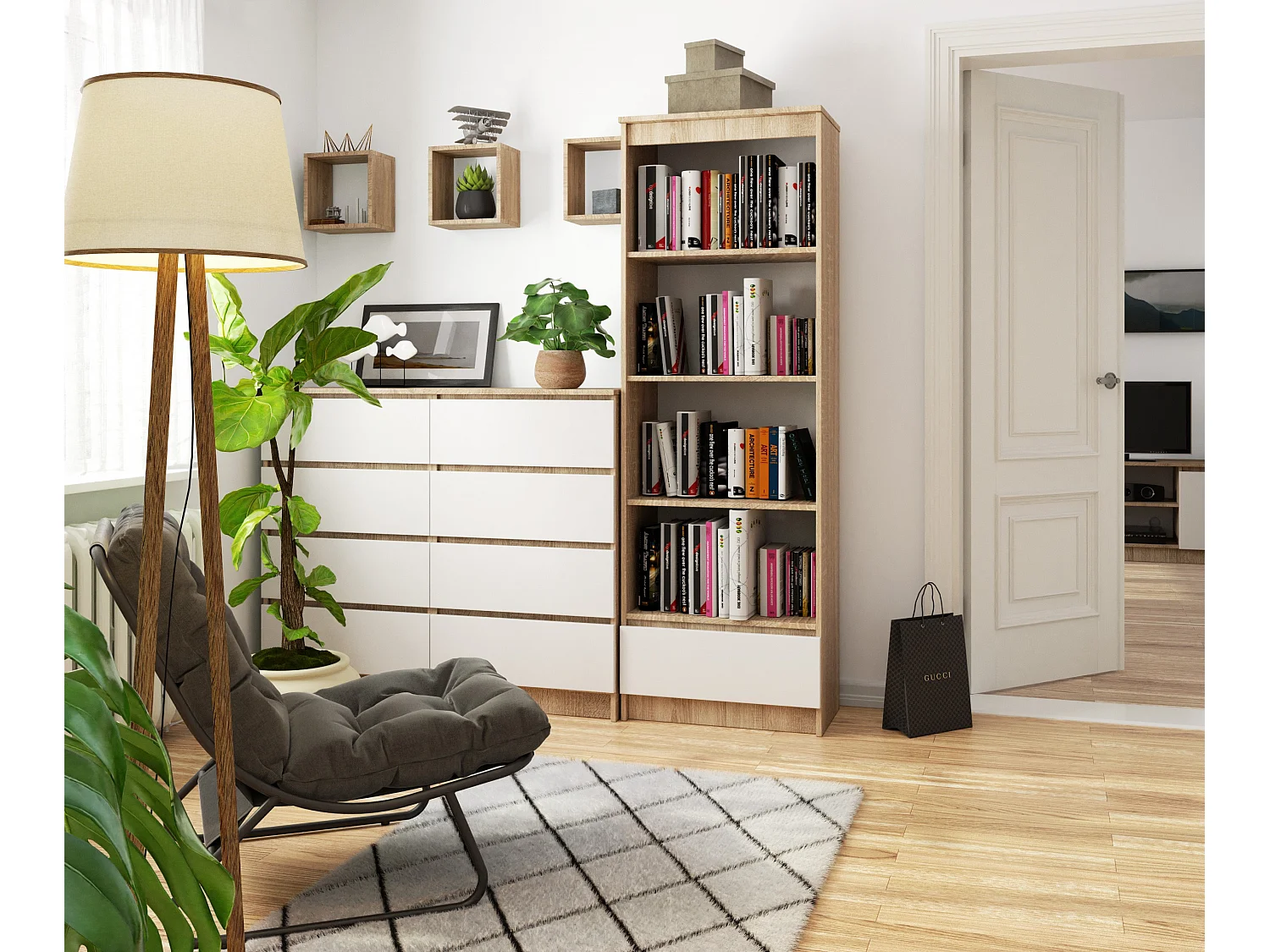 Bibliothèque de bureau AKORD R60 Chêne Sonoma 60 cm 1 tiroir façade Blanche mat 4 étagères 60x35x180 cm