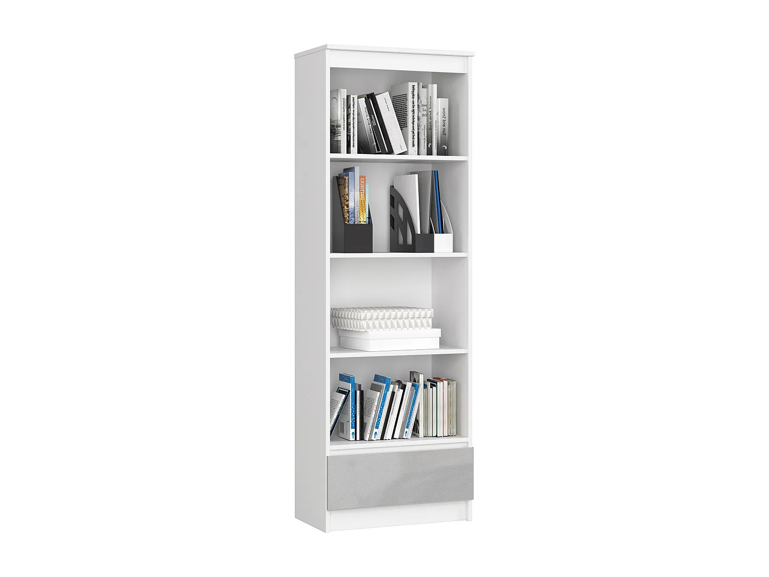 Bibliothèque de bureau AKORD R60 Blanche 60 cm 1 tiroir façade Métallique Brillant 4 étagères 60x35x180 cm