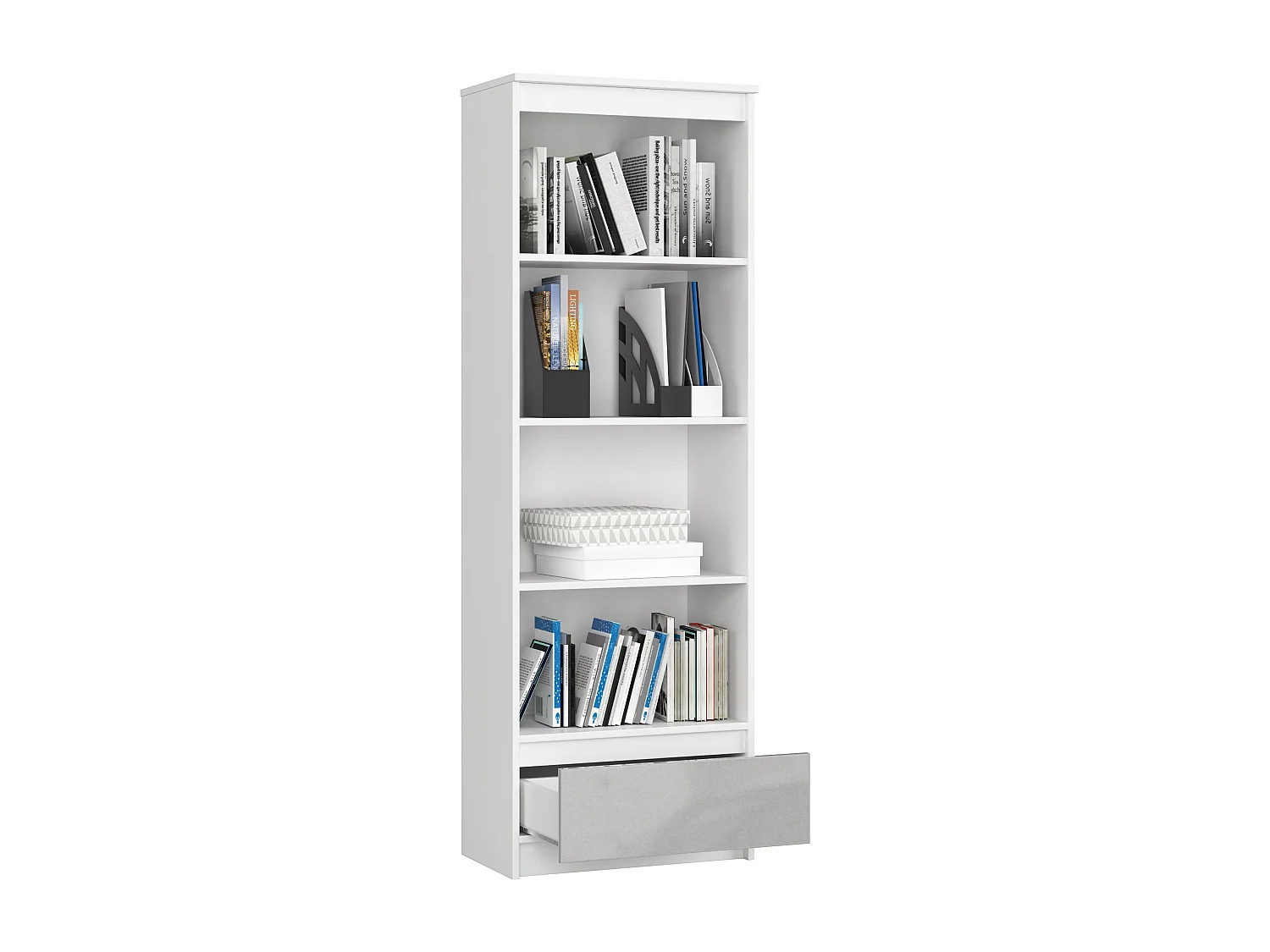 Bibliothèque de bureau AKORD R60 Blanche 60 cm 1 tiroir façade Métallique Brillant 4 étagères 60x35x180 cm