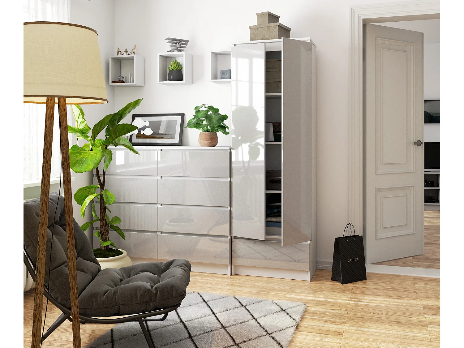 Bibliothèque de bureau AKORD R60 Blanche 60 cm 1 tiroir façade Métallique Brillant 4 étagères 60x35x180 cm