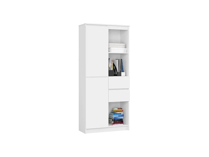 Bibliothèque de bureau AKORD R15 Blanche 80 cm 1 porte 2 tiroirs façade Blanche mat 7 étagères 80x35x180 cm