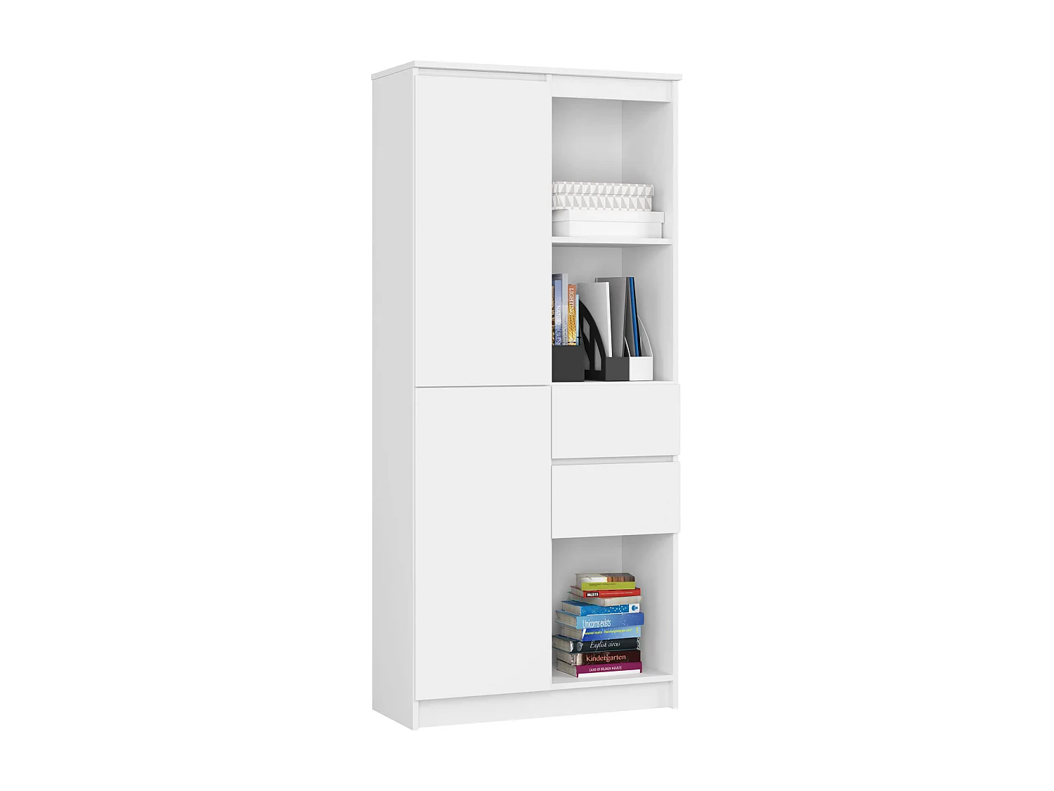 Bibliothèque de bureau AKORD R15 Blanche 80 cm 1 porte 2 tiroirs façade Blanche mat 7 étagères 80x35x180 cm