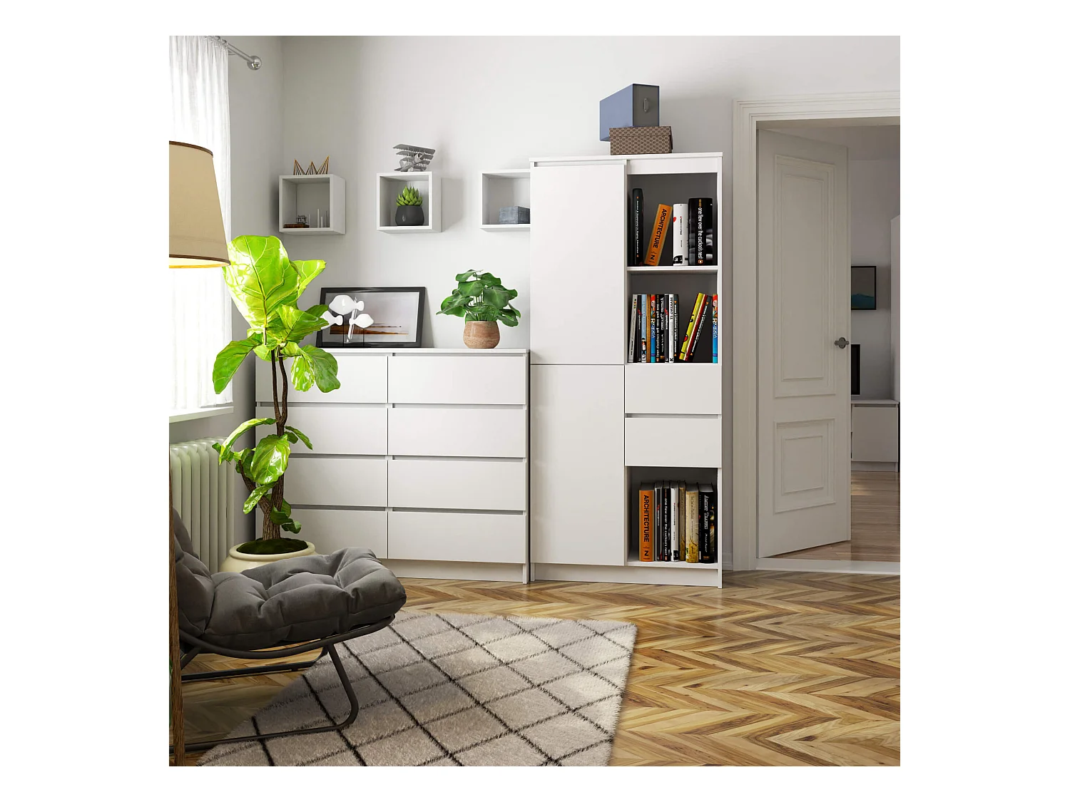 Bibliothèque de bureau AKORD R15 Blanche 80 cm 1 porte 2 tiroirs façade Blanche mat 7 étagères 80x35x180 cm