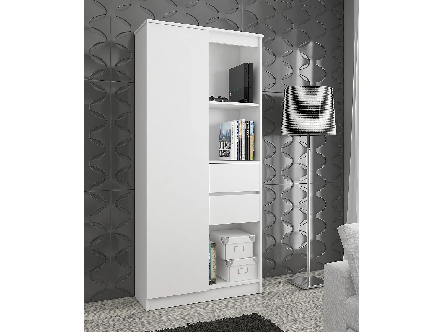 Bibliothèque de bureau AKORD R15 Blanche 80 cm 1 porte 2 tiroirs façade Blanche mat 7 étagères 80x35x180 cm