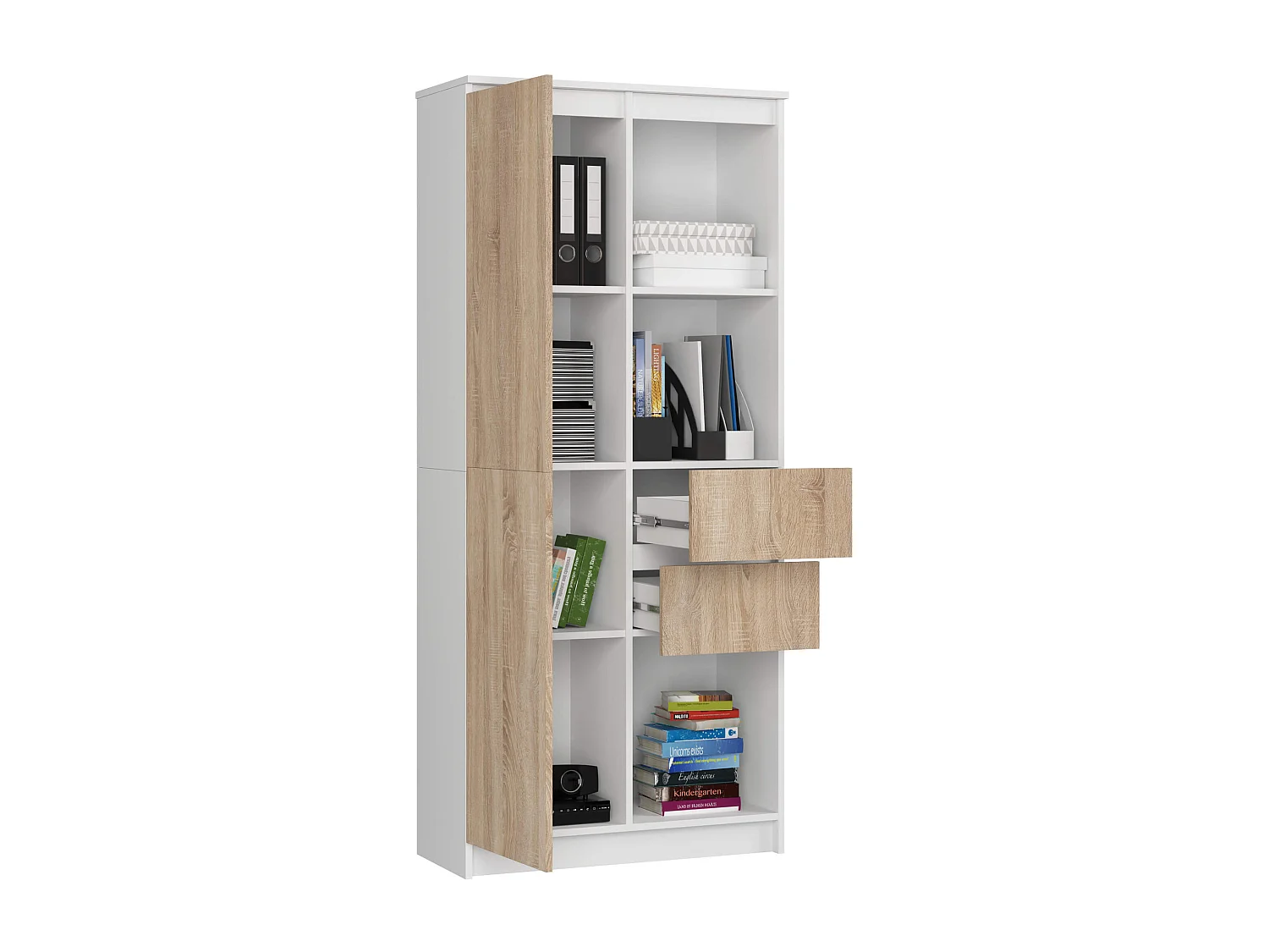 Büroregal AKORD R15 mit verschließbaren Tür Weiß 80 cm 2 Türen 2 Schubladen 7 Ebenen Front Sonoma-Eiche B80 x H180 x T35 cm