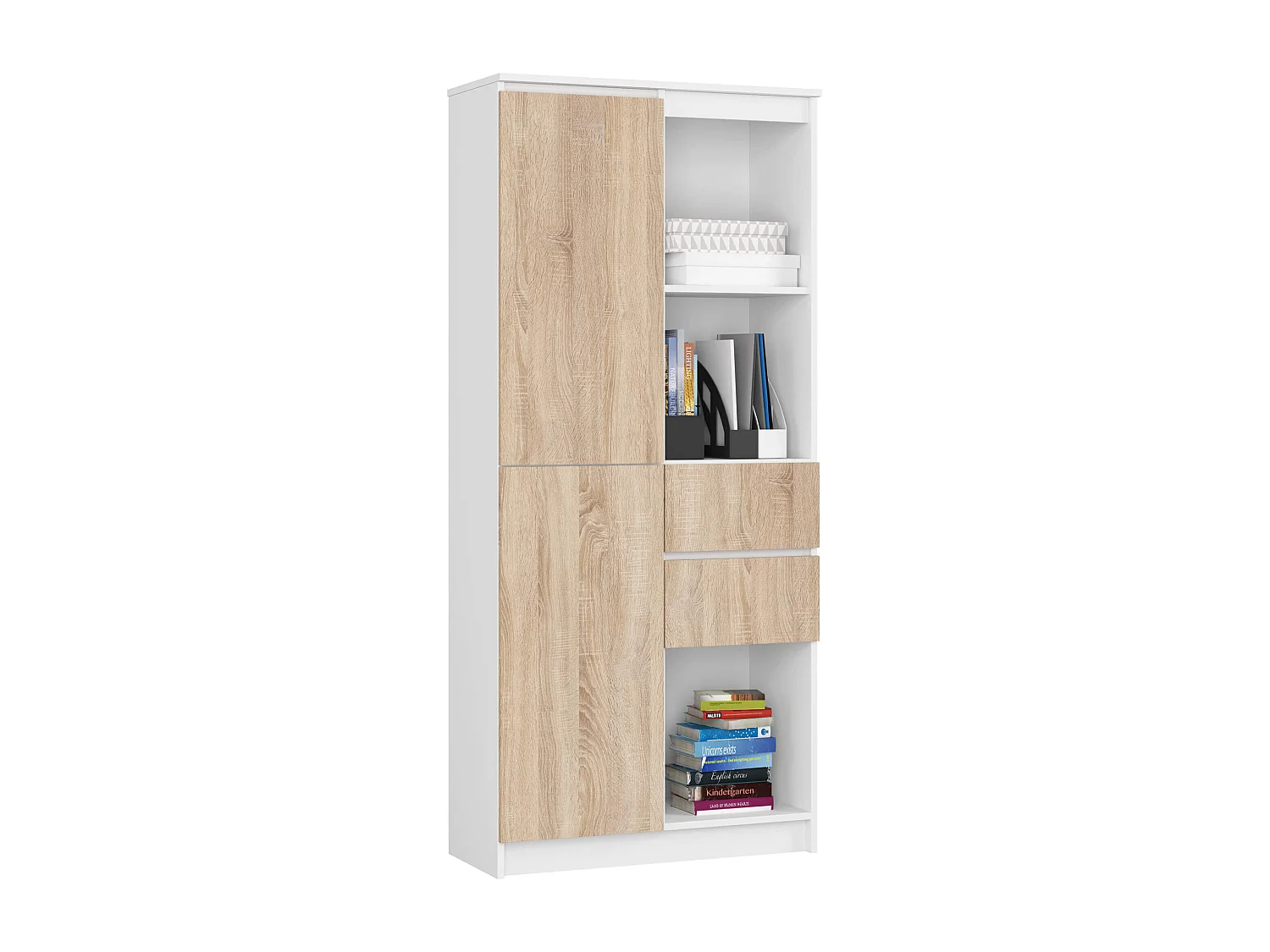 Kantoorkast R15 R80 met 2 Lades en 1 Deur / AKORD Furniture Factory / Wit – Sonoma Eik / 80 x 180 x 35 cm