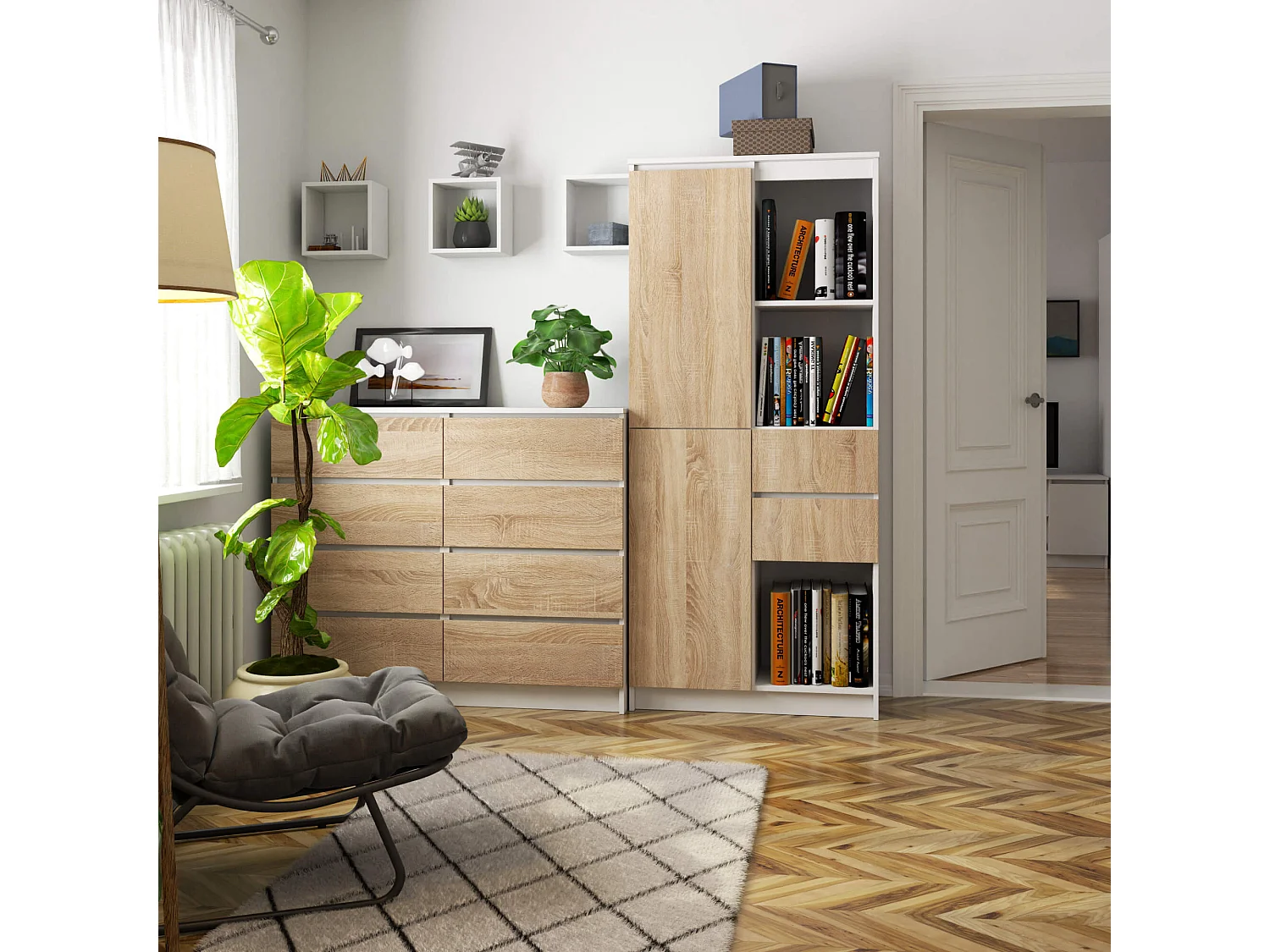 Kantoorkast R15 R80 met 2 Lades en 1 Deur / AKORD Furniture Factory / Wit – Sonoma Eik / 80 x 180 x 35 cm