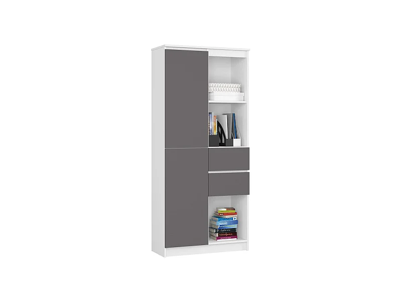 Bibliothèque de bureau AKORD R15 Blanche 80 cm 1 porte 2 tiroirs façade Gris Graphite mat 7 étagères 80x35x180 cm