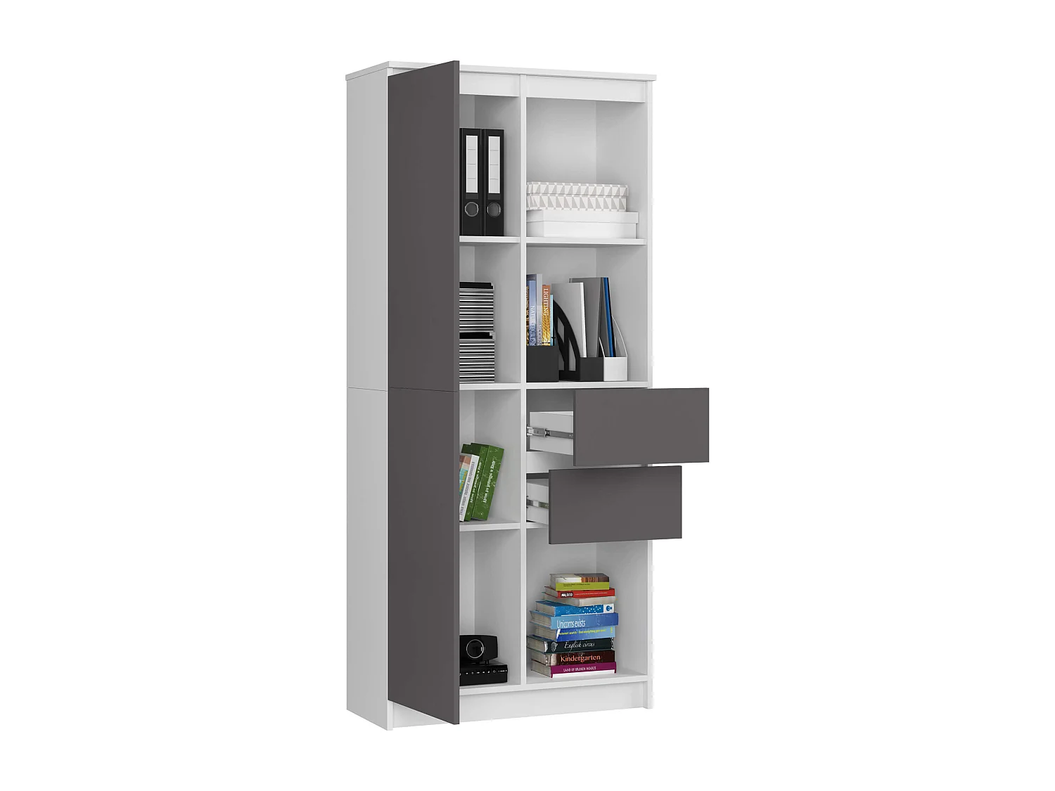 Bibliothèque de bureau AKORD R15 Blanche 80 cm 1 porte 2 tiroirs façade Gris Graphite mat 7 étagères 80x35x180 cm