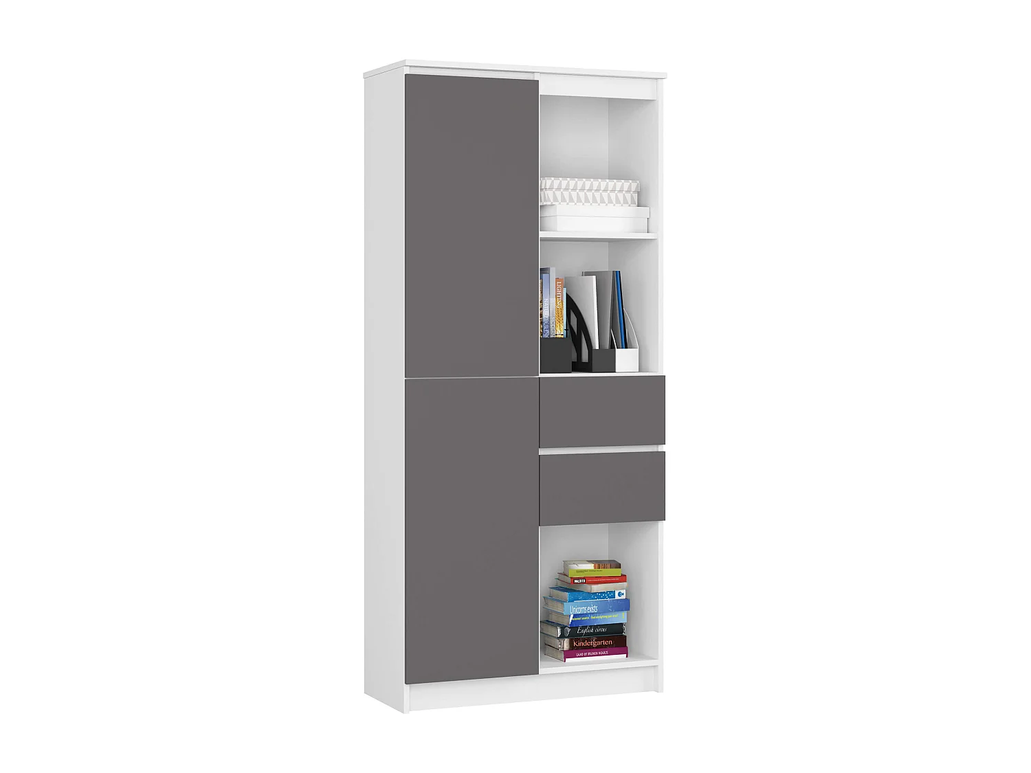 Bibliothèque de bureau AKORD R15 Blanche 80 cm 1 porte 2 tiroirs façade Gris Graphite mat 7 étagères 80x35x180 cm