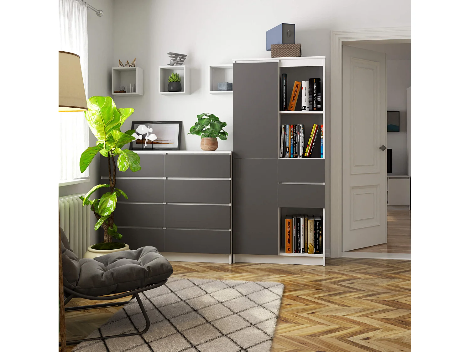 Bibliothèque de bureau AKORD R15 Blanche 80 cm 1 porte 2 tiroirs façade Gris Graphite mat 7 étagères 80x35x180 cm