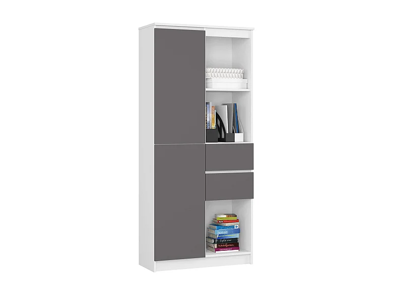 Bibliothèque de bureau AKORD R15 Blanche 80 cm 1 porte 2 tiroirs façade Gris Graphite mat 7 étagères 80x35x180 cm