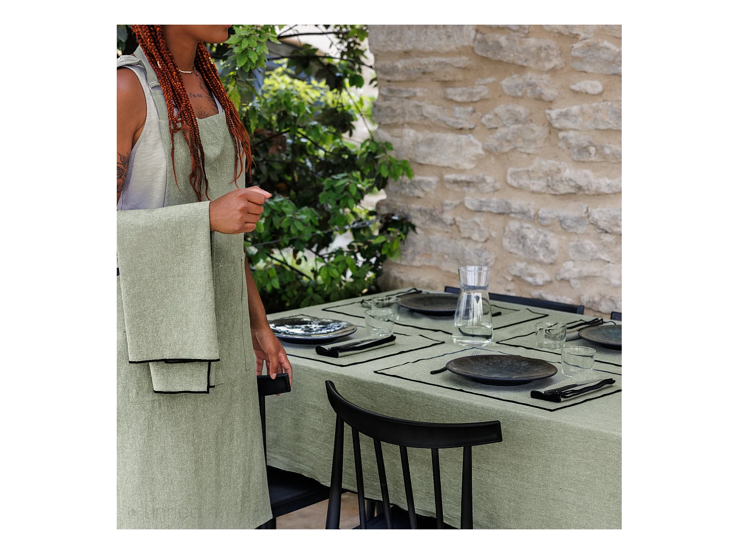 Tablier de cuisine double poche 70x90 cm coton HONO vert Lichen
