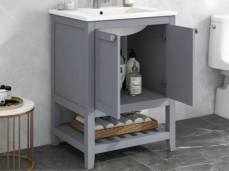 Meuble de salle de bain avec une vasque en céramique - 2 portes et étagère en bas - Gris(robinet non inclus)