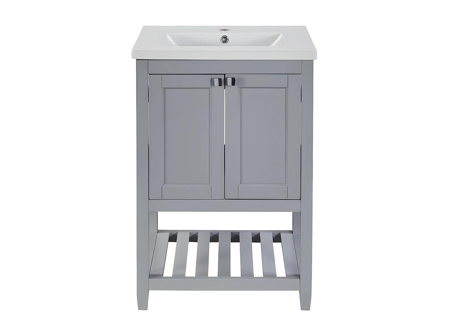 Meuble de salle de bain avec une vasque en céramique - 2 portes et étagère en bas - Gris(robinet non inclus)