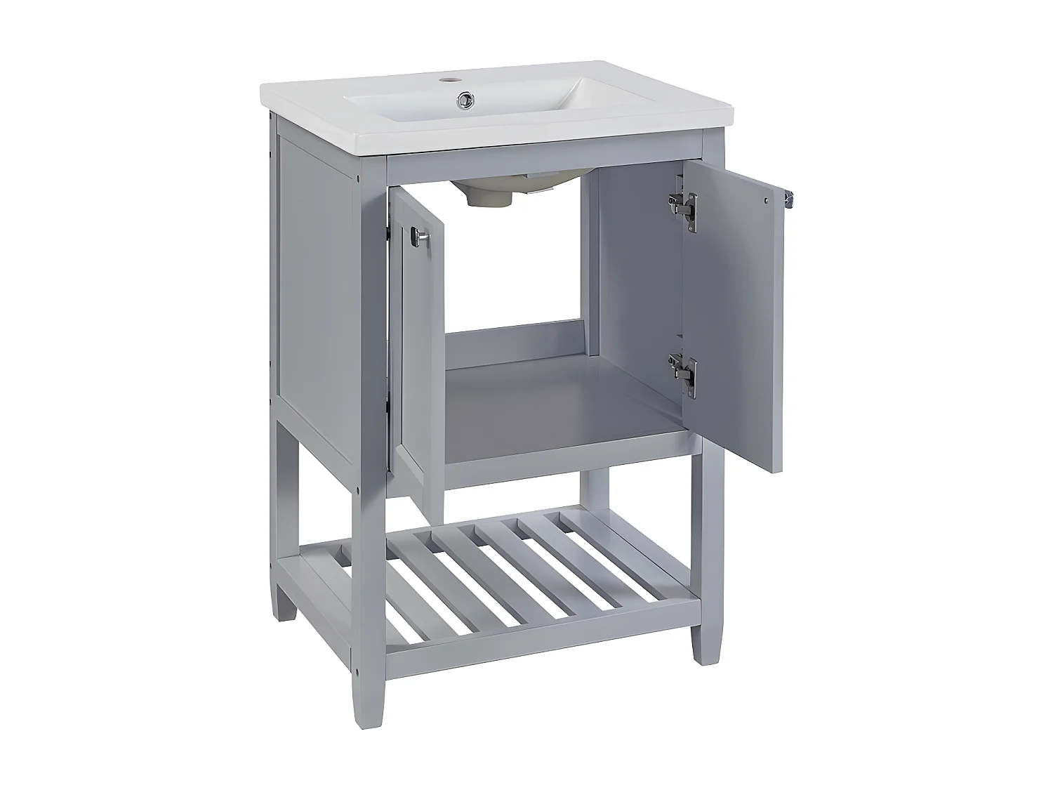 Meuble de salle de bain avec une vasque en céramique - 2 portes et étagère en bas - Gris(robinet non inclus)