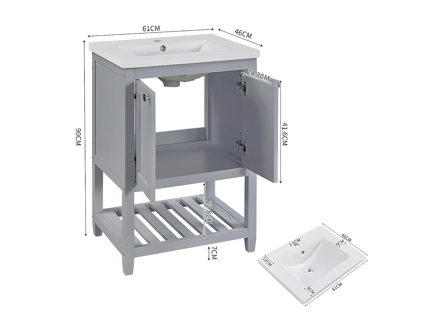 Meuble de salle de bain avec une vasque en céramique - 2 portes et étagère en bas - Gris(robinet non inclus)