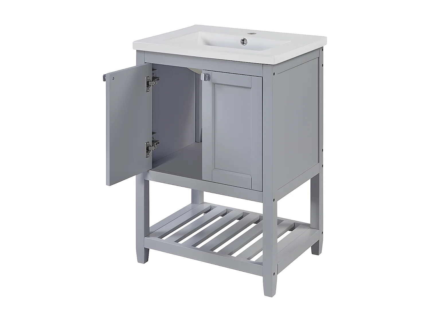 Meuble de salle de bain avec une vasque en céramique - 2 portes et étagère en bas - Gris(robinet non inclus)