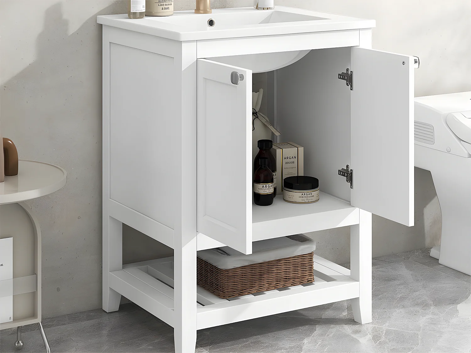 Meuble de salle de bain avec une vasque en céramique - 2 portes et étagère en bas - Blanc(robinet non inclus)