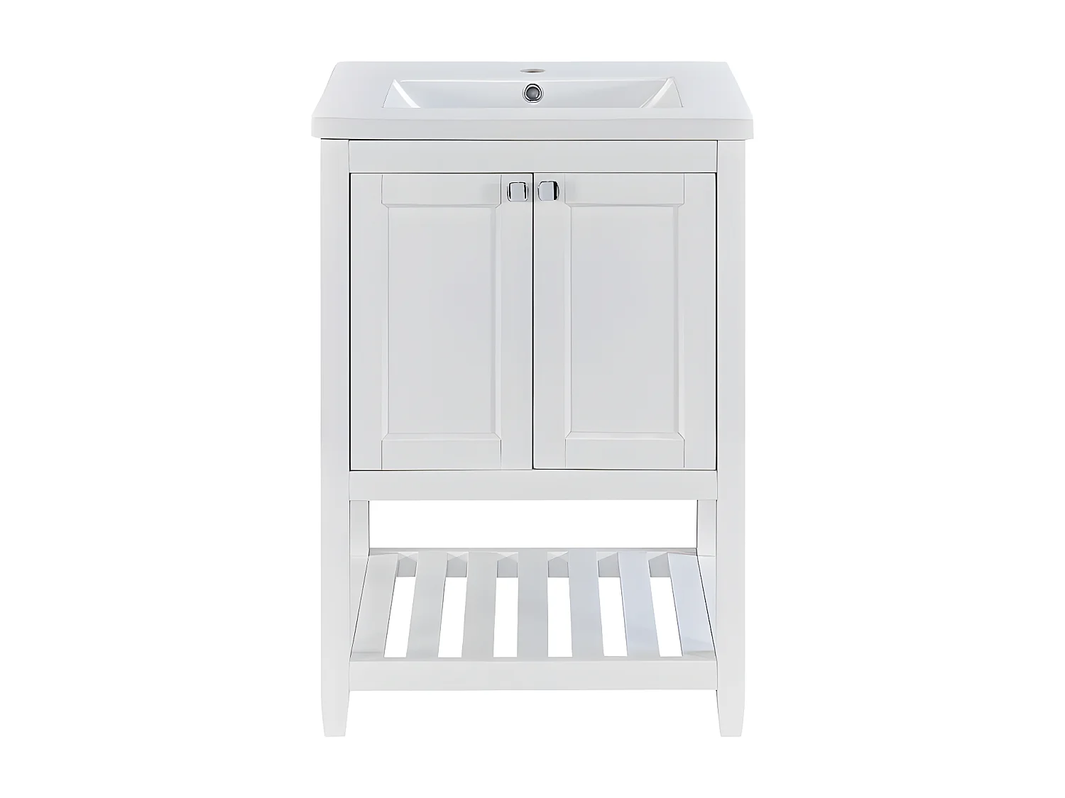 Meuble de salle de bain avec une vasque en céramique - 2 portes et étagère en bas - Blanc(robinet non inclus)