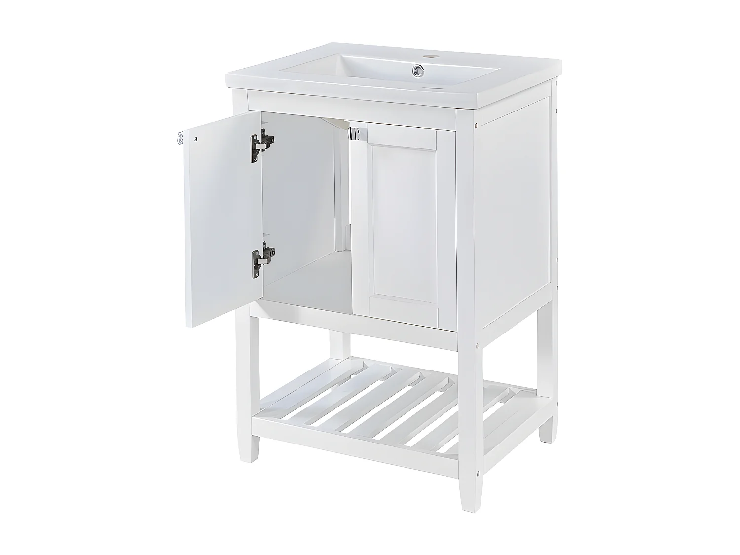 Meuble de salle de bain avec une vasque en céramique - 2 portes et étagère en bas - Blanc(robinet non inclus)