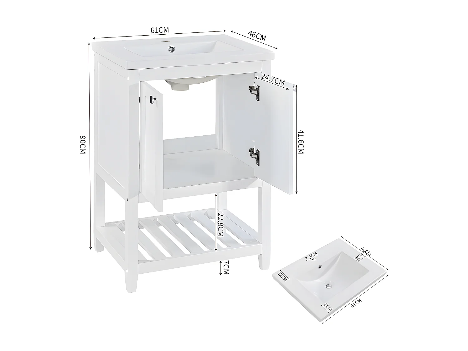 Meuble de salle de bain avec une vasque en céramique - 2 portes et étagère en bas - Blanc(robinet non inclus)