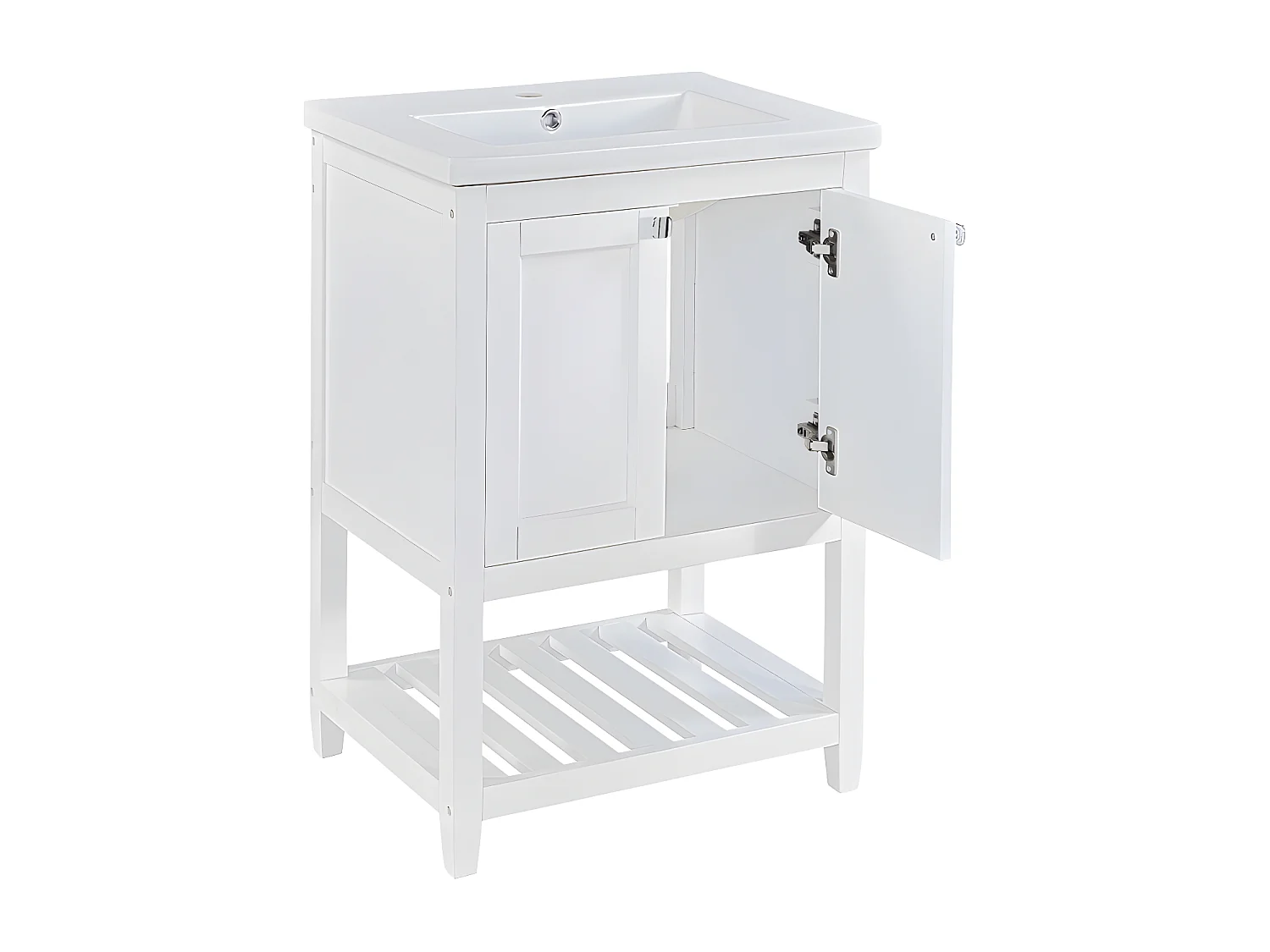 Meuble de salle de bain avec une vasque en céramique - 2 portes et étagère en bas - Blanc(robinet non inclus)