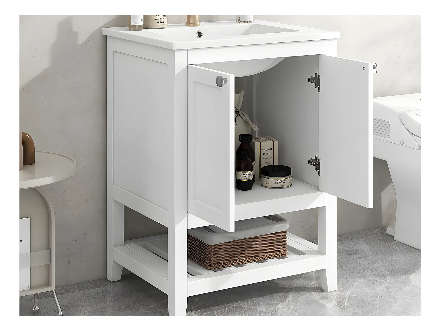 Meuble de salle de bain avec une vasque en céramique - 2 portes et étagère en bas - Blanc(robinet non inclus)