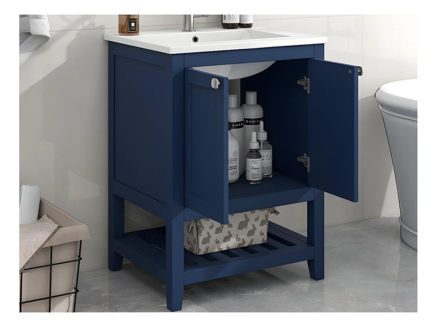 Meuble de salle de bain avec une vasque en céramique - 2 portes et étagère en bas - Bleu(robinet non inclus)